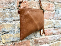 Small leather bag in camel brown. GENUINE leather crossbody / shoulder bag.Brown leather bag with GOLD hardware. Tobacco brown purse