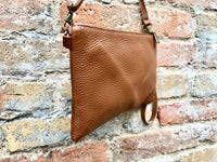 Small leather bag in camel brown. GENUINE leather crossbody / shoulder bag.Brown leather bag with GOLD hardware. Tobacco brown purse