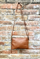 Small leather bag in camel brown. GENUINE leather crossbody / shoulder bag.Brown leather bag with GOLD hardware. Tobacco brown purse