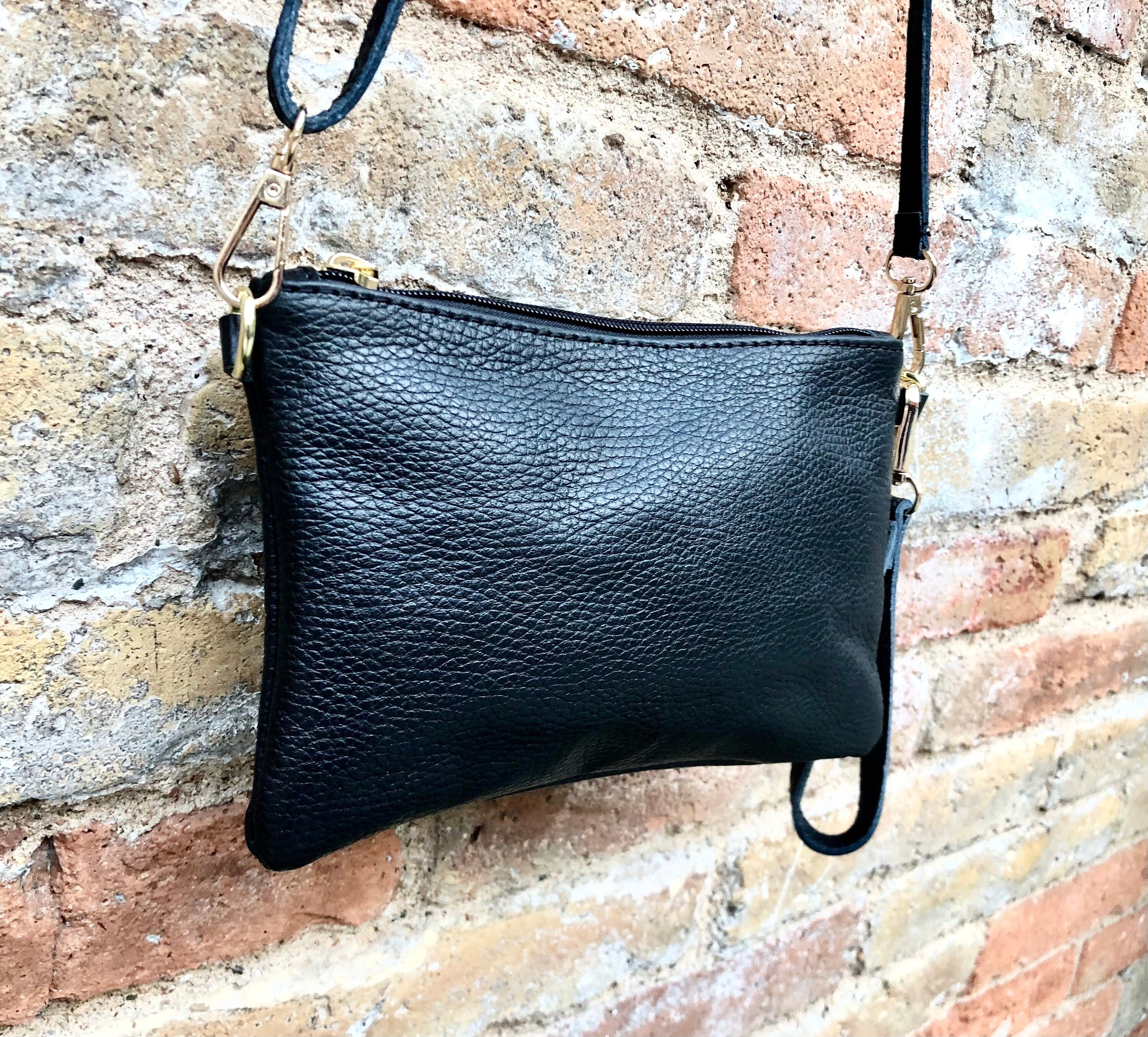 Small leather bag in black. GENUINE leather crossbody / shoulder bag . BLACK leather bag with adjustable strap. Small black leather purse