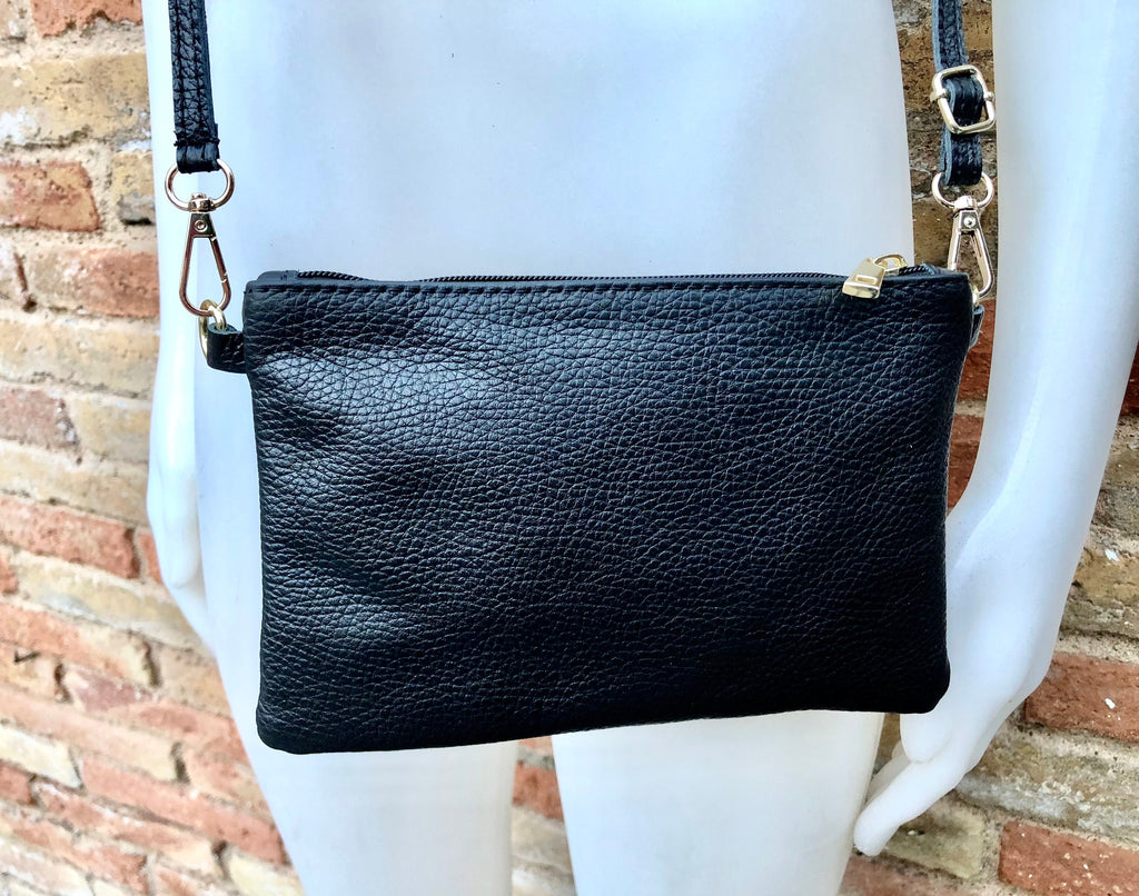 Small leather bag in black. GENUINE leather crossbody / shoulder bag . BLACK leather bag with adjustable strap. Small black leather purse