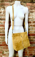 Mustard yellow suede leather bag. Boho messenger bag. GENUINE LEATHER Cross body or shoulder bag. Yellow suede leather purse with zipper