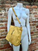 Mustard yellow suede leather bag. Boho messenger bag. GENUINE LEATHER Cross body or shoulder bag. Yellow suede leather purse with zipper