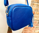 COBALT BLUE small leather bag . Cross body / shoulder bag in GENUINE leather. Royal blue leather purse. Tassel on the zipper . Gold accents