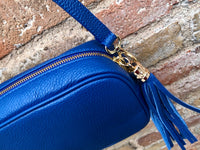 COBALT BLUE small leather bag . Cross body / shoulder bag in GENUINE leather. Royal blue leather purse. Tassel on the zipper . Gold accents