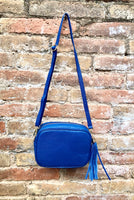 COBALT BLUE small leather bag . Cross body / shoulder bag in GENUINE leather. Royal blue leather purse. Tassel on the zipper . Gold accents