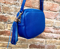 COBALT BLUE small leather bag . Cross body / shoulder bag in GENUINE leather. Royal blue leather purse. Tassel on the zipper . Gold accents