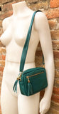 Small leather green bag. GENUINE leather shoulder or cross body bag. Dark green leather purse with tassels, adjustable strap and zipper