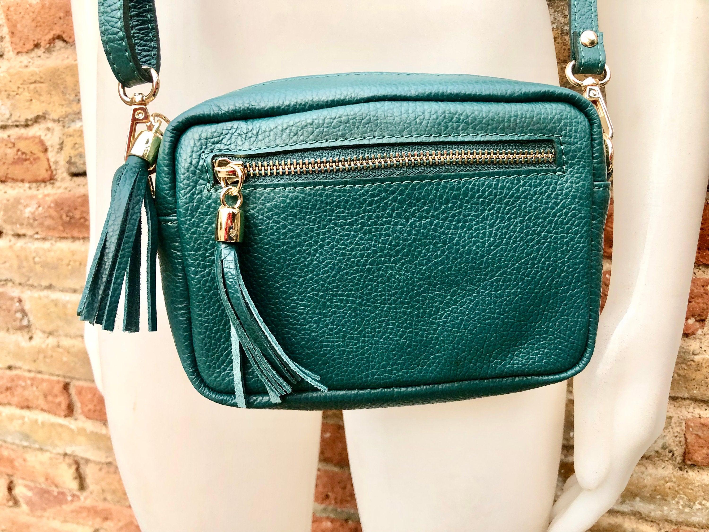 Small leather green bag. GENUINE leather shoulder or cross body bag. Dark green leather purse with tassels, adjustable strap and zipper