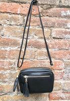 Small leather bag in black. GENUINE leather shoulder or cross body bag. Black leather purse with adjustable strap and zippers. Gold hardware