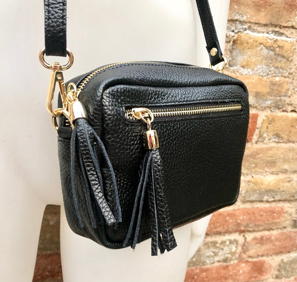 Small leather bag in black. GENUINE leather shoulder or cross body bag. Black leather purse with adjustable strap and zippers. Gold hardware