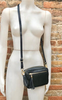 Small leather bag in black. GENUINE leather shoulder or cross body bag. Black leather purse with adjustable strap and zippers. Gold hardware