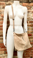 Beige suede leather bag. Boho messenger bag. GENUINE LEATHER Cross body or shoulder bag. Beige suede leather purse with zipper