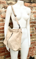 Beige suede leather bag. Boho messenger bag. GENUINE LEATHER Cross body or shoulder bag. Beige suede leather purse with zipper