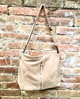 Beige suede leather bag. Boho messenger bag. GENUINE LEATHER Cross body or shoulder bag. Beige suede leather purse with zipper