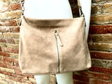 Beige suede leather bag. Boho messenger bag. GENUINE LEATHER Cross body or shoulder bag. Beige suede leather purse with zipper