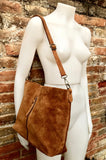 Camel brown leather bag. Boho messenger bag. GENUINE LEATHER Cross body or shoulder bag. Saddle brown suede leather purse with zipper