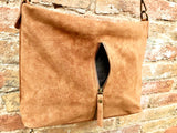 Camel brown leather bag. Boho messenger bag. GENUINE LEATHER Cross body or shoulder bag. Saddle brown suede leather purse with zipper