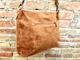 Camel brown leather bag. Boho messenger bag. GENUINE LEATHER Cross body or shoulder bag. Saddle brown suede leather purse with zipper