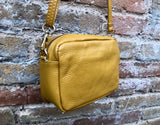 Small leather yellow bag. GENUINE leather shoulder or cross body bag. Mustard yellow leather purse with tassels, adjustable strap and zipper