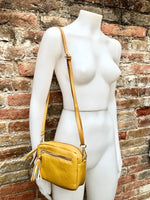 Small leather yellow bag. GENUINE leather shoulder or cross body bag. Mustard yellow leather purse with tassels, adjustable strap and zipper