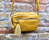 Small leather yellow bag. GENUINE leather shoulder or cross body bag. Mustard yellow leather purse with tassels, adjustable strap and zipper