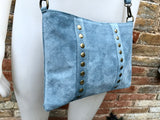 Cross body bag. Boho suede leather bag in DENIM blue with bronze color tacks. Messenger bag in genuine suede leather. BLUE crossbody bag