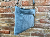 Cross body bag. Boho suede leather bag in DENIM blue with bronze color tacks. Messenger bag in genuine suede leather. BLUE crossbody bag