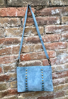 Cross body bag. Boho suede leather bag in DENIM blue with bronze color tacks. Messenger bag in genuine suede leather. BLUE crossbody bag