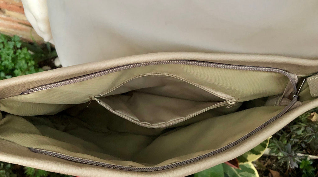 Beige leather bag. Soft genuine leather messenger bag with tassel. Beige crossbody bag,. Beige purse with zipper and adjustable strap