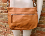 Camel brown leather bag. Soft genuine leather messenger bag with tassel. Saddle brown crossbody bag,. Tobacco brown purse with zipper