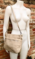 Beige leather bag. Soft genuine leather messenger bag with tassel. Beige crossbody bag,. Beige purse with zipper and adjustable strap