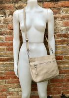 Beige leather bag. Soft genuine leather messenger bag with tassel. Beige crossbody bag,. Beige purse with zipper and adjustable strap