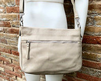 Beige leather bag. Soft genuine leather messenger bag with tassel. Beige crossbody bag,. Beige purse with zipper and adjustable strap