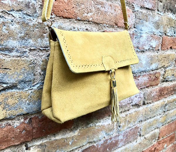 Boho suede leather crossbody bag in yellow. Genuine leather yellow purse. Yellow retro bag with zipper, flap + adjustable strap. Suede purse