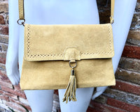 Boho suede leather crossbody bag in yellow. Genuine leather yellow purse. Yellow retro bag with zipper, flap + adjustable strap. Suede purse