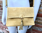 Boho suede leather crossbody bag in yellow. Genuine leather yellow purse. Yellow retro bag with zipper, flap + adjustable strap. Suede purse