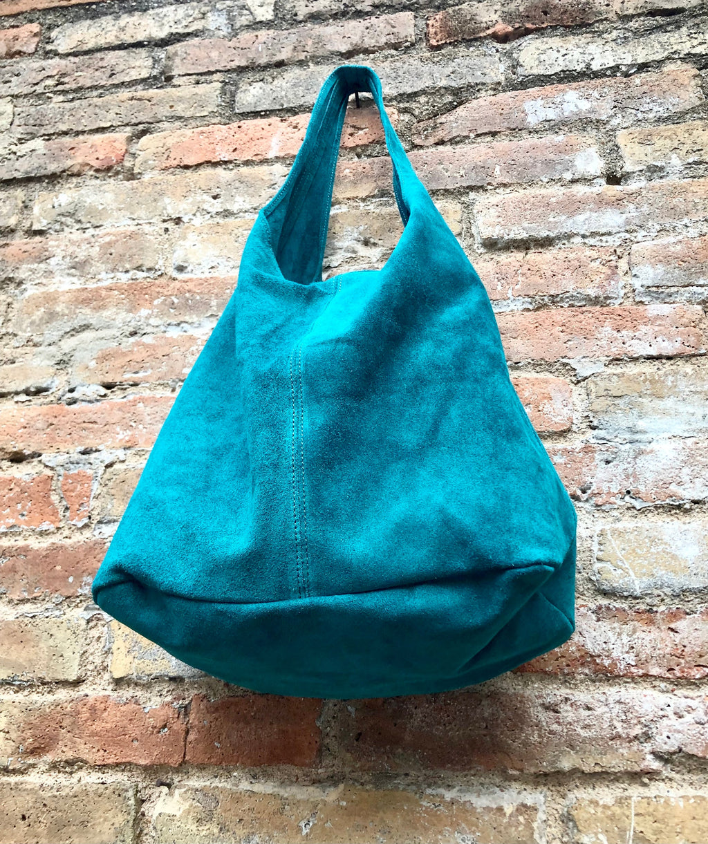 Large TOTE leather bag in teal GREEN with ZIPPER. Dark turquoise genuine leather shopper. Blue-Green suede slouch bag. Green suede purse