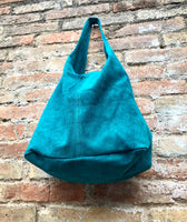 Large TOTE leather bag in teal GREEN with ZIPPER. Dark turquoise genuine leather shopper. Blue-Green suede slouch bag. Green suede purse