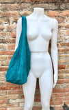 Large TOTE leather bag in teal GREEN with ZIPPER. Dark turquoise genuine leather shopper. Blue-Green suede slouch bag. Green suede purse