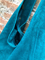 Large TOTE leather bag in teal GREEN with ZIPPER. Dark turquoise genuine leather shopper. Blue-Green suede slouch bag. Green suede purse