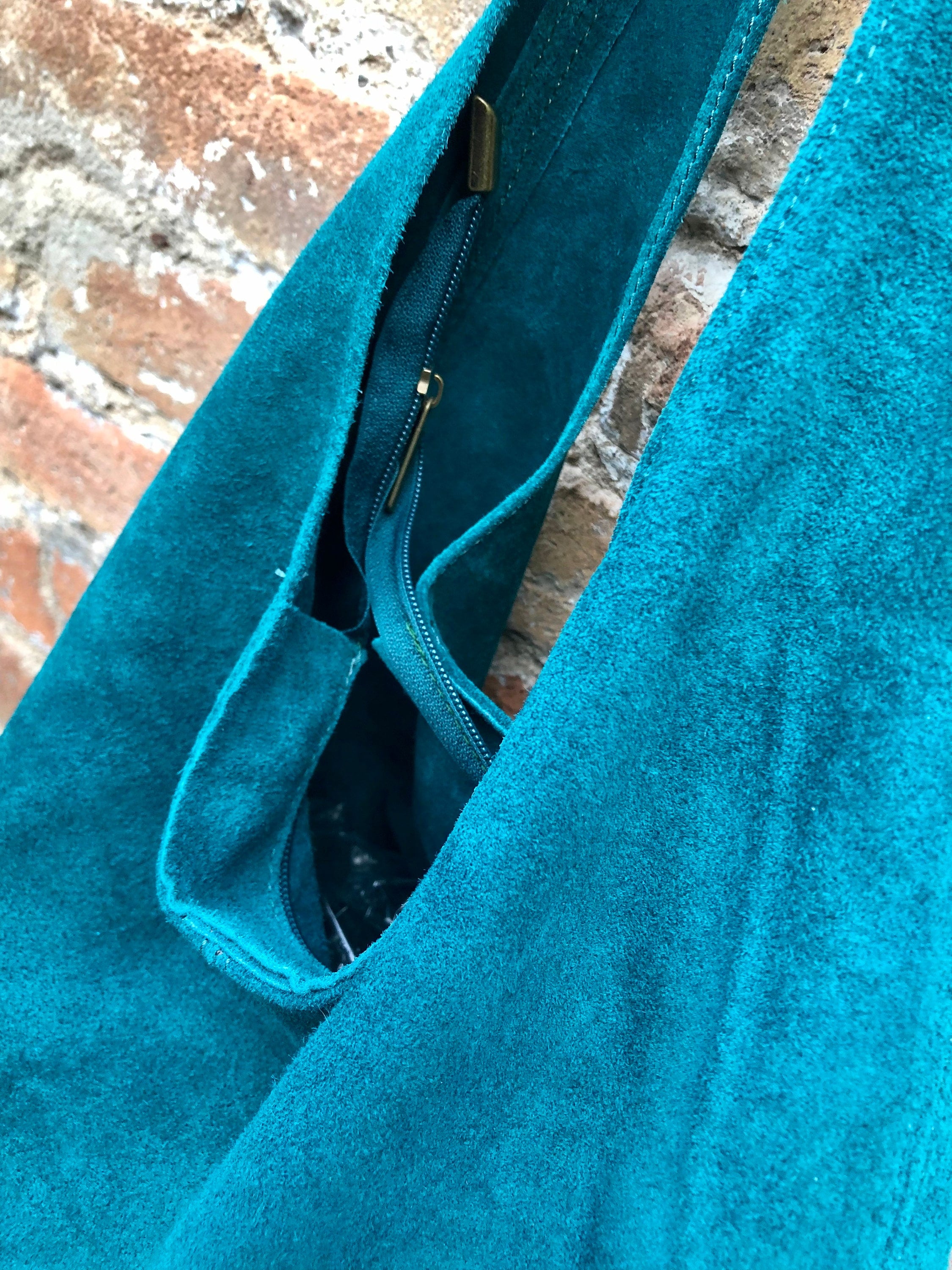 Large TOTE leather bag in teal GREEN with ZIPPER. Dark turquoise genuine leather shopper. Blue-Green suede slouch bag. Green suede purse