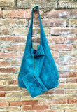 Large TOTE leather bag in teal GREEN with ZIPPER. Dark turquoise genuine leather shopper. Blue-Green suede slouch bag. Green suede purse