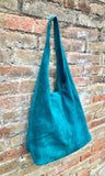 Large TOTE leather bag in teal GREEN with ZIPPER. Dark turquoise genuine leather shopper. Blue-Green suede slouch bag. Green suede purse