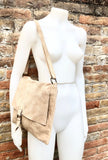 Cross body suede bag. GENUINE leather bag in beige. BOHO natural leather bag. Messenger bag in suede for books, tablets. Beige suede purse