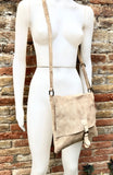 Cross body suede bag. GENUINE leather bag in beige. BOHO natural leather bag. Messenger bag in suede for books, tablets. Beige suede purse