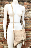 Cross body suede bag. GENUINE leather bag in beige. BOHO natural leather bag. Messenger bag in suede for books, tablets. Beige suede purse