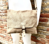 Cross body suede bag. GENUINE leather bag in beige. BOHO natural leather bag. Messenger bag in suede for books, tablets. Beige suede purse