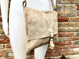 Cross body suede bag. GENUINE leather bag in beige. BOHO natural leather bag. Messenger bag in suede for books, tablets. Beige suede purse