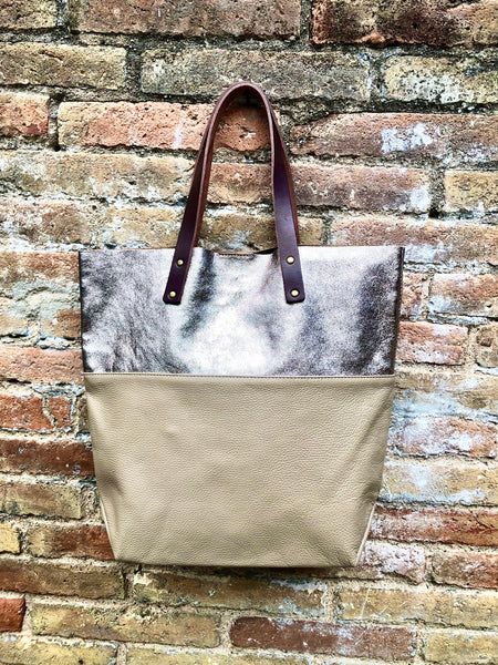 Beige - bronze leather bag. Metallic effect genuine leather shopper. Large carry all bag for your laptop, books. Dark beige leather purse.